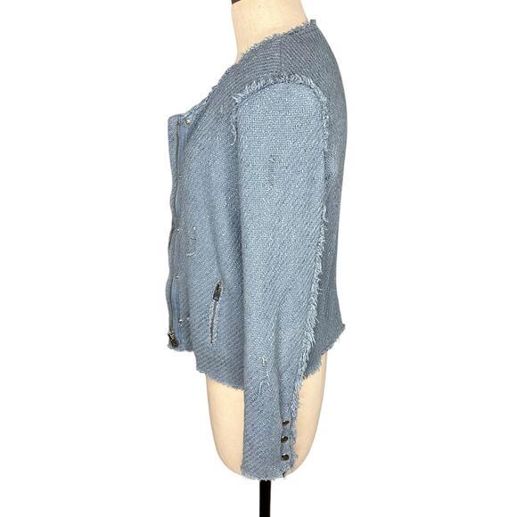 IRO Agnette Blue Tweed Distressed Snap Front Jacket Women's Size 38 US M Moto - Picture 4 of 11